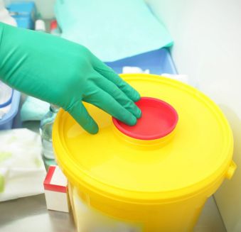 Container for hazardous waste at a hospital in Brandon, FL